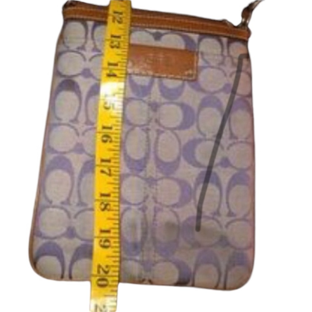 Coach  purple canvas monogramed crossbody brown cognac leather trim 9”